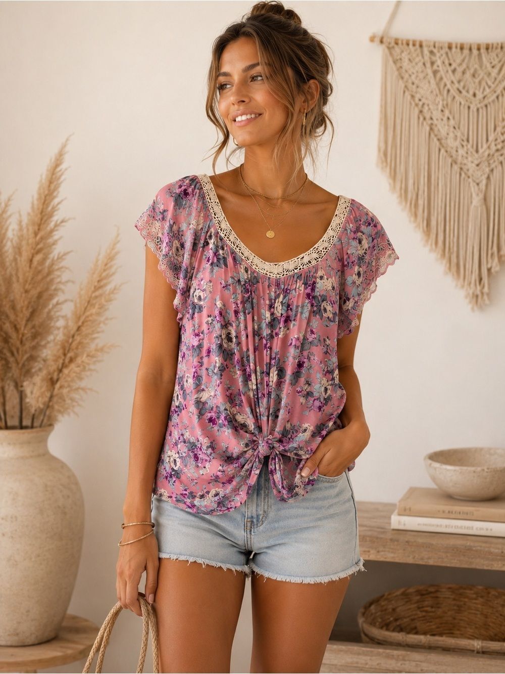 Anthropologie Umgee Pink Floral Lace-Trim Tie-Front Blouse Boho Aesthetic